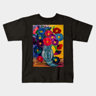 fun and colorful abstract flowers set against a multi-color background Kids T-Shirt